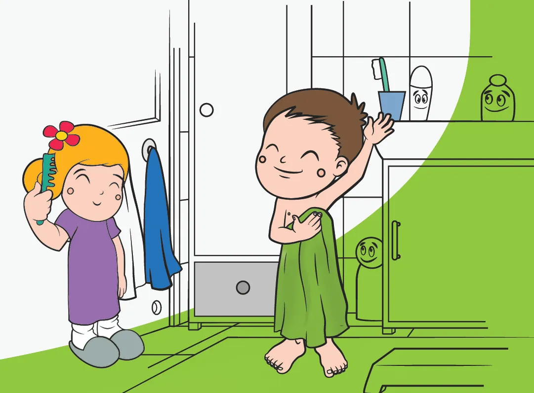 Illustration aus dem Kalender: Mädchen kämmt sich, Junge trocknet sich nach dem Baden ab
