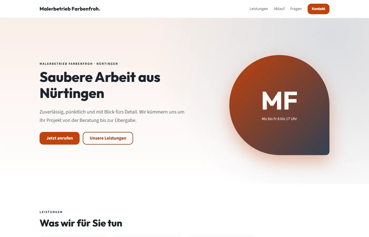 Beispiel-Landingpage Malerbetrieb: Stil „Klar“, Aufteilung mit Farbfeld