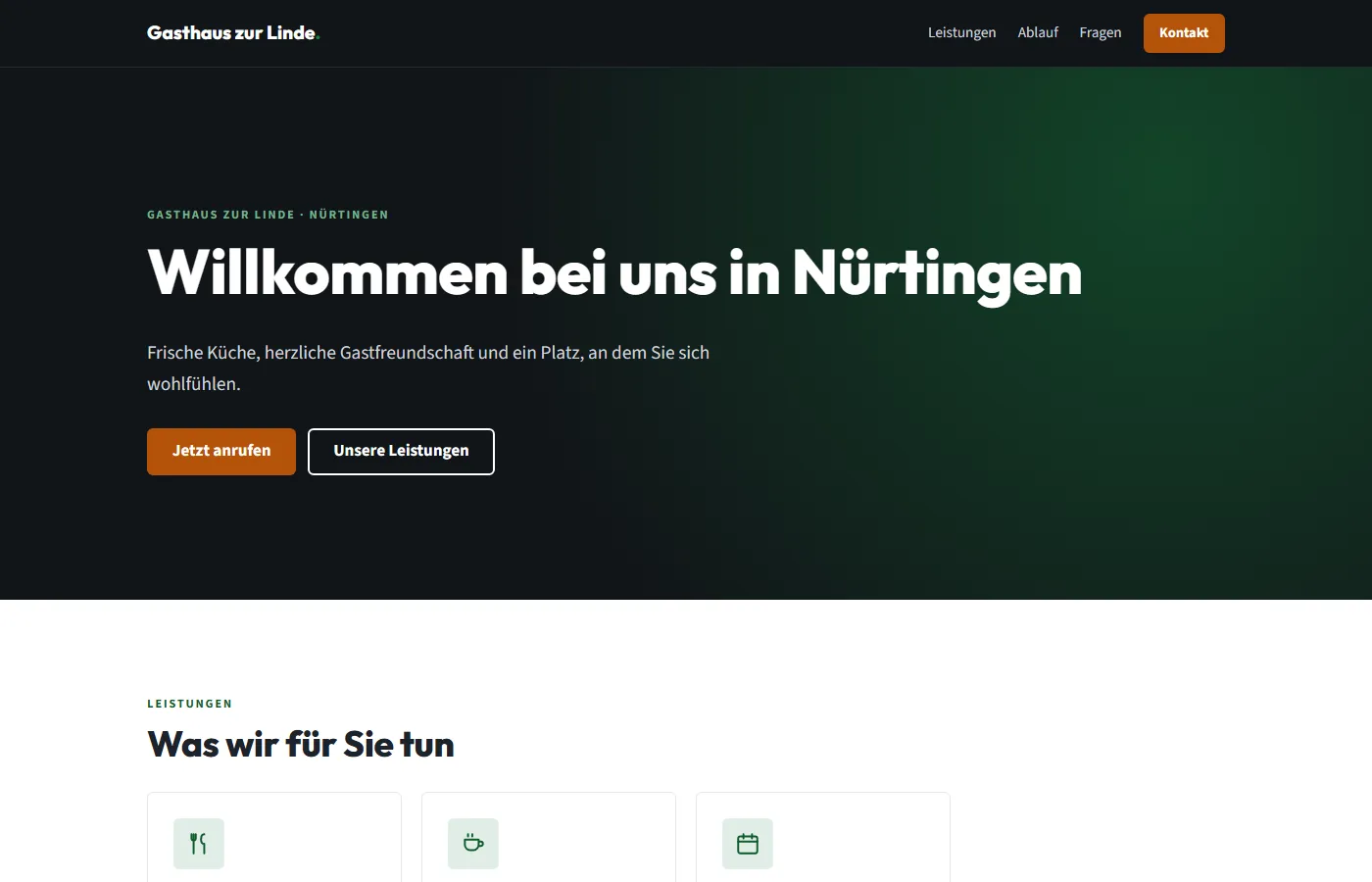 Beispiel-Landingpage Gasthaus: Stil „Kräftig“, dunkler Kopfbereich