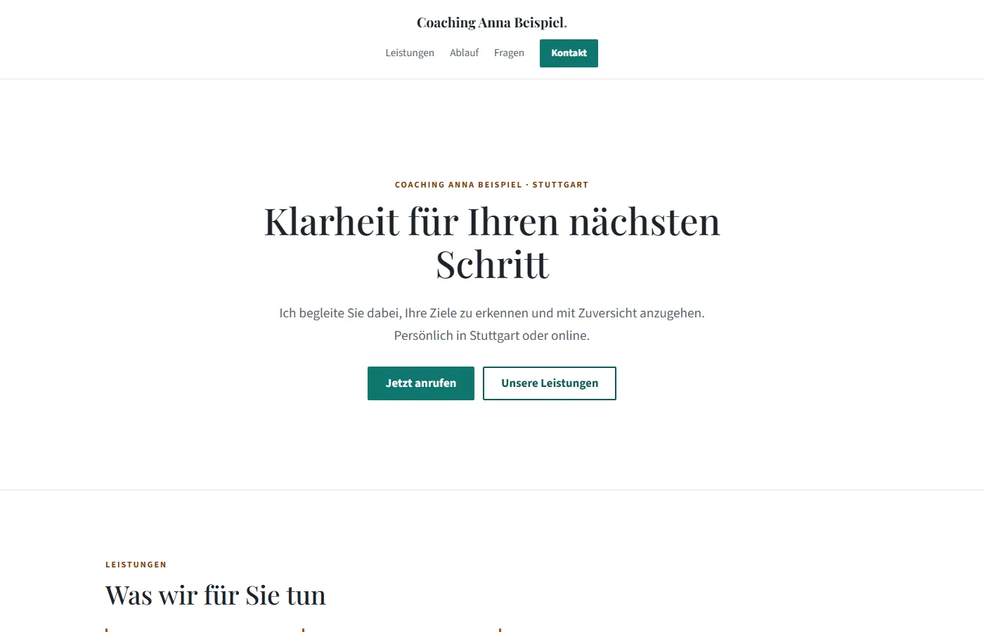 Beispiel-Landingpage Coaching: Stil „Elegant“, Menü mittig