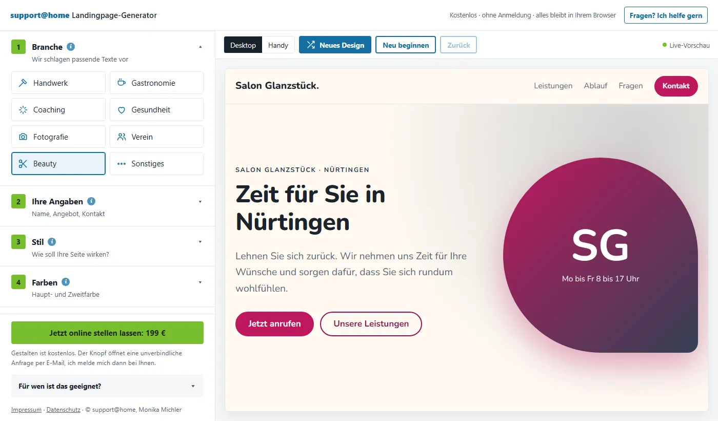 Landingpage-Generator, Schritt 1: Branche wählen