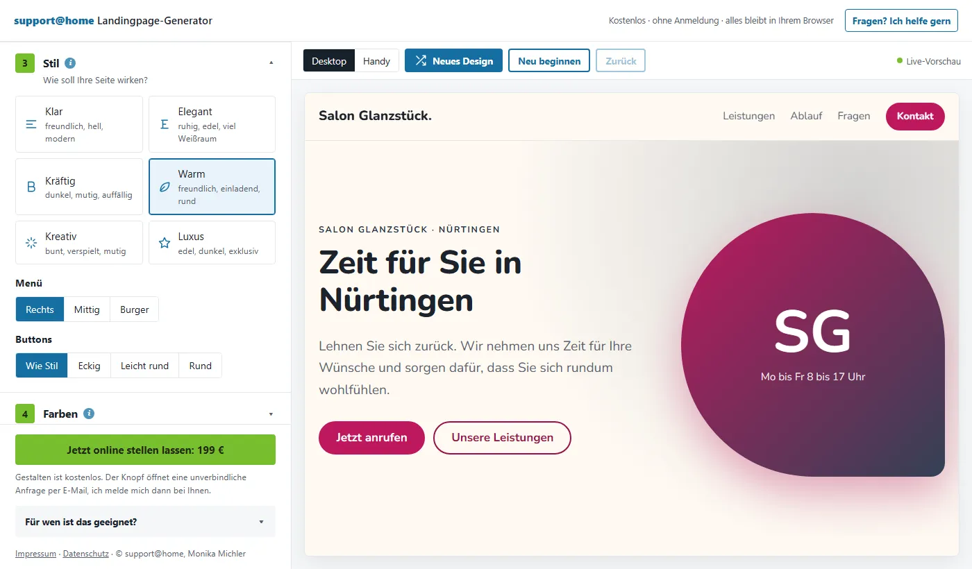 Landingpage-Generator, Schritt 3: Stil festlegen