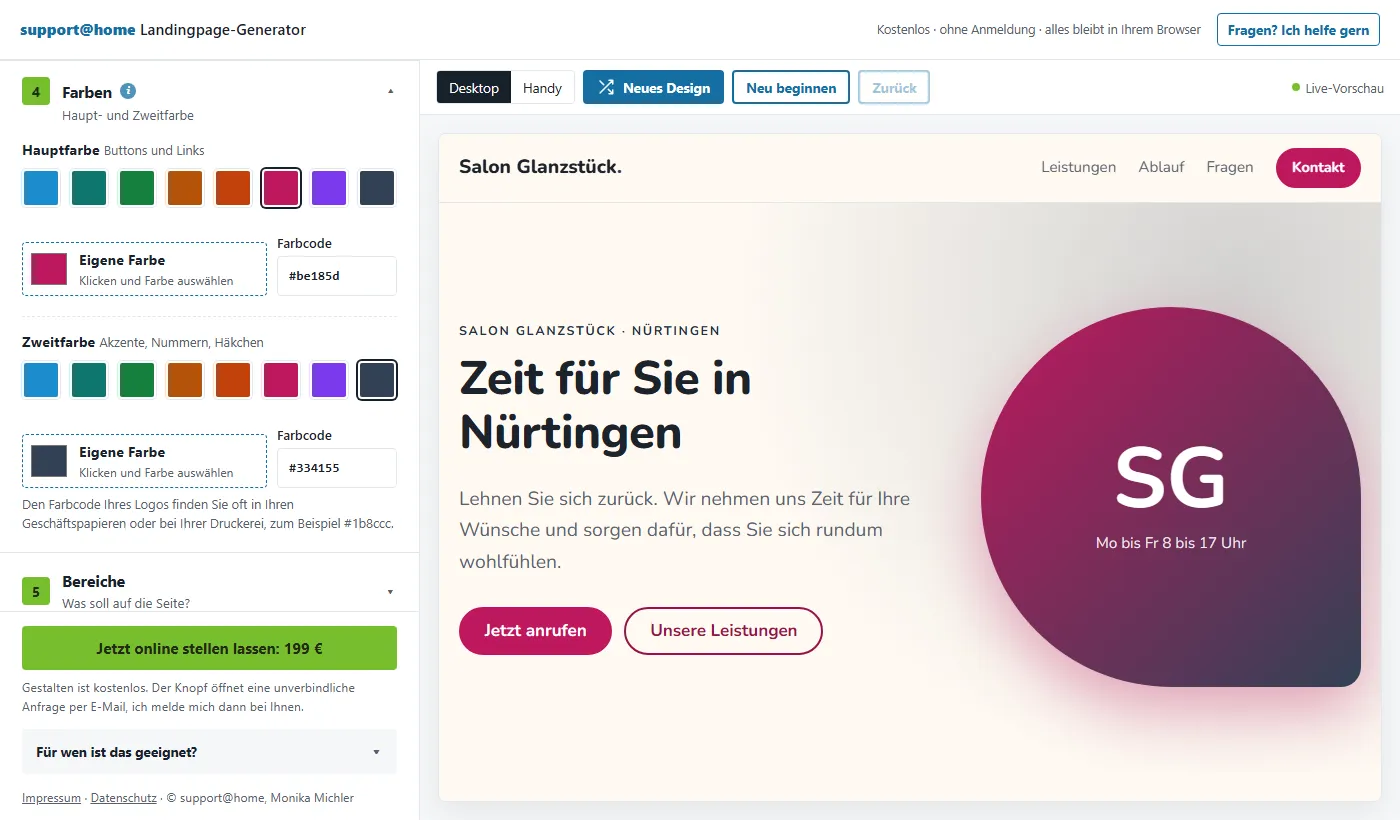 Landingpage-Generator, Schritt 4: Farben aussuchen