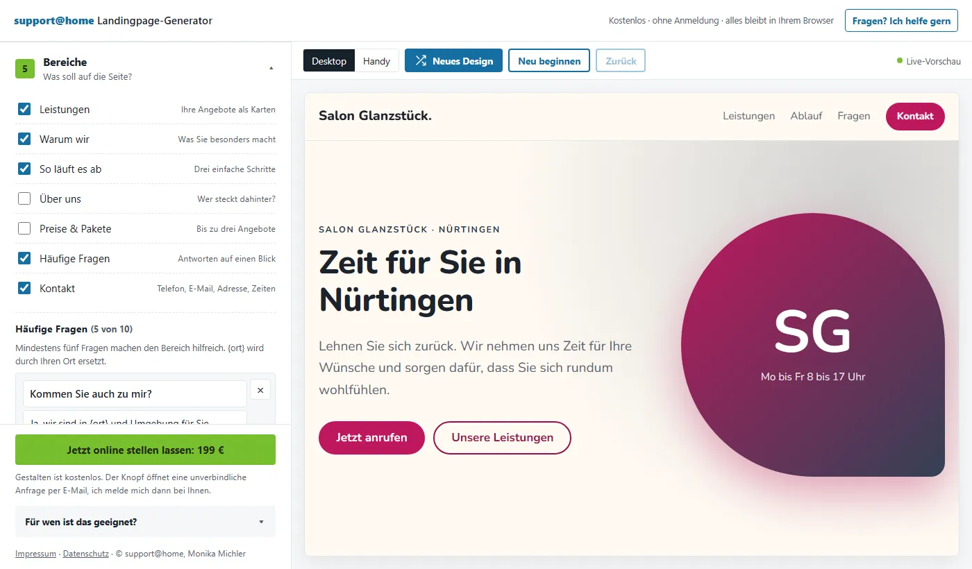 Landingpage-Generator, Schritt 5: Bereiche bestimmen