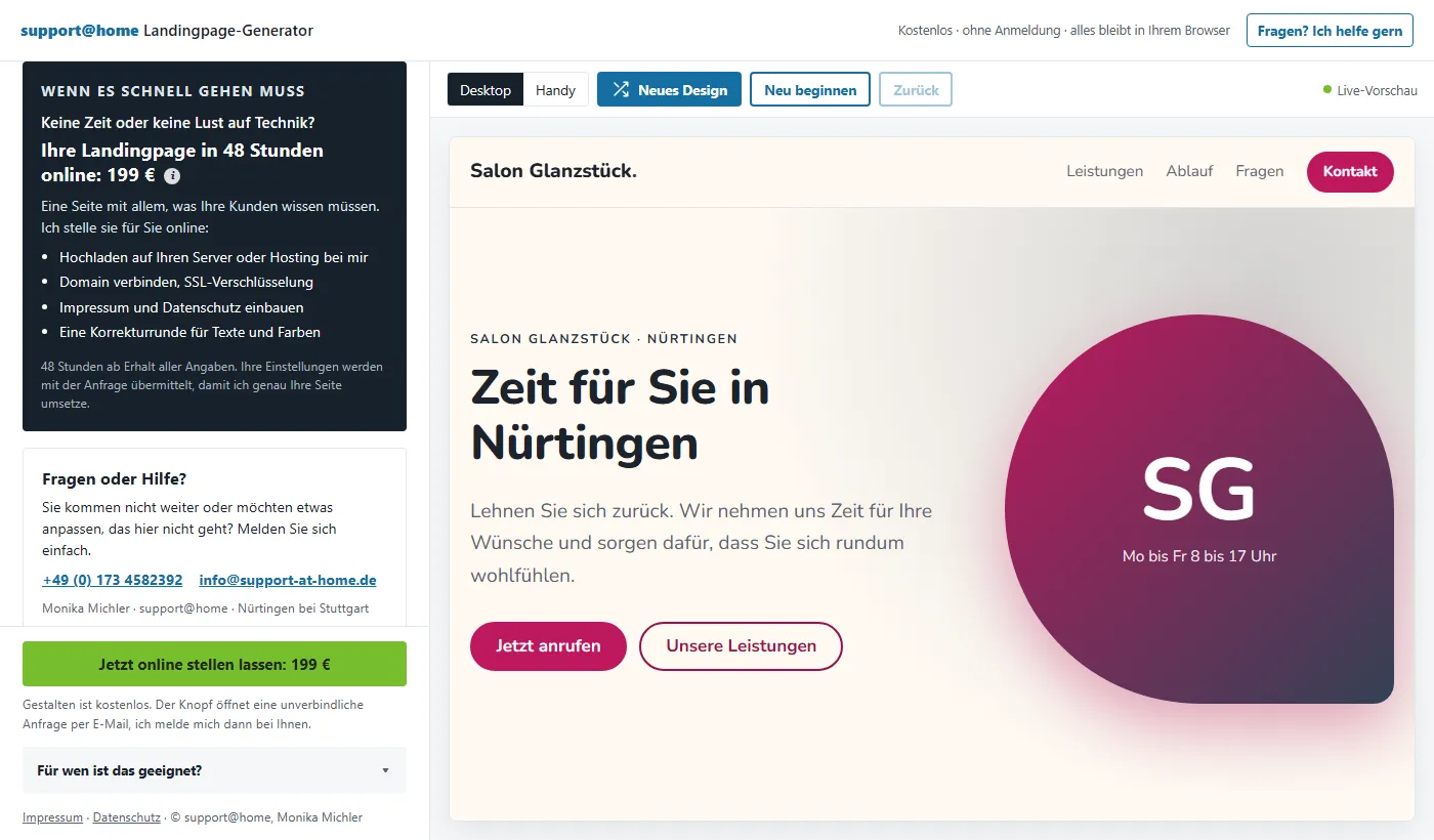 Landingpage-Generator, Schritt 6: Online stellen lassen